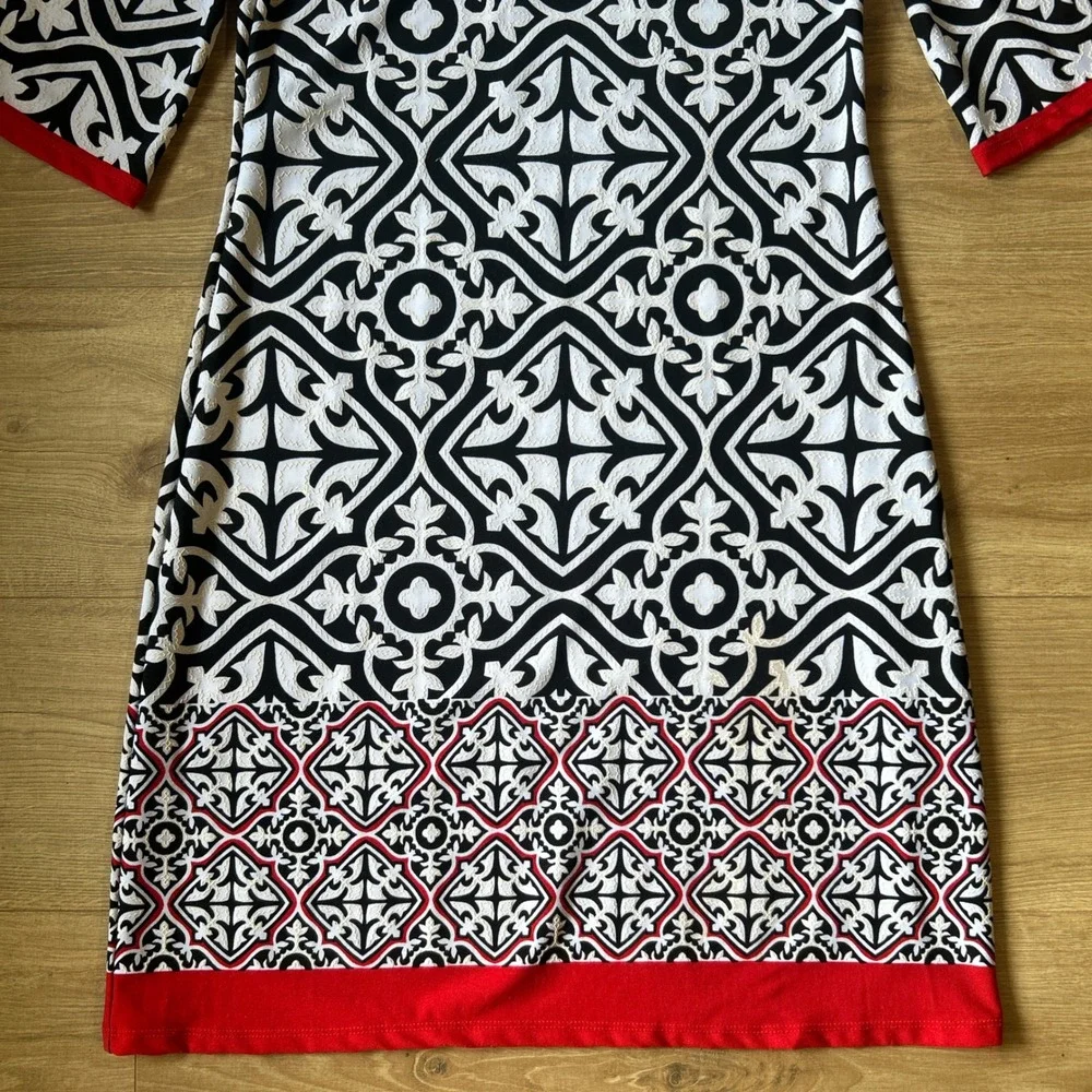 Haani Womens Black White Red Geometric Print‎ 3/4 Sleeve Dress